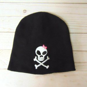 Knit Beanie Black with Applique Skull Pink Bow